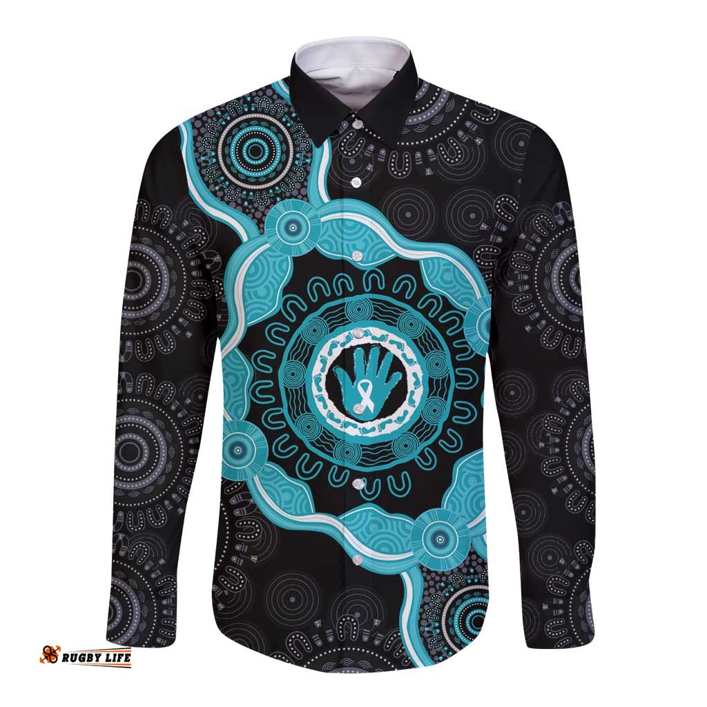 Australia Ovarian Cancer Awareness Long Sleeve Button Shirt Brave Strong Teal Ribbon Aboriginal Art LT14