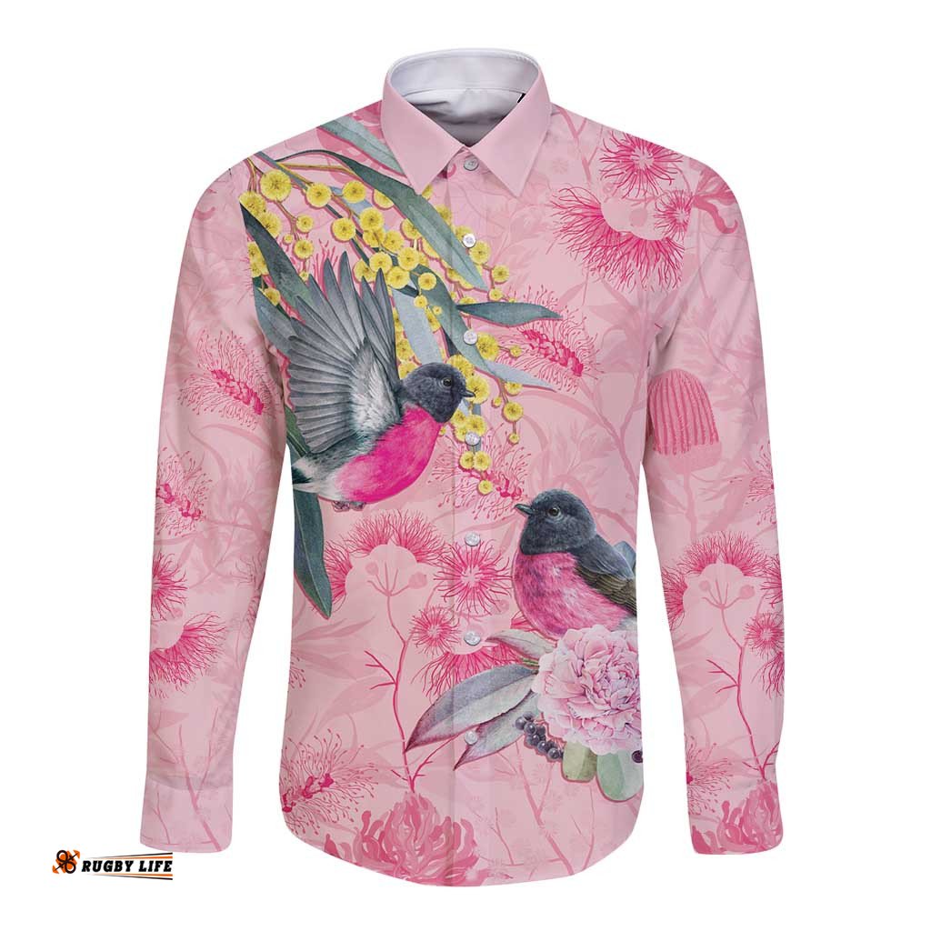Birds and Floral Aussie Pink Robins Long Sleeve Button Shirt Rosy Glow LT7