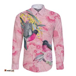 Birds and Floral Aussie Pink Robins Long Sleeve Button Shirt Rosy Glow LT7