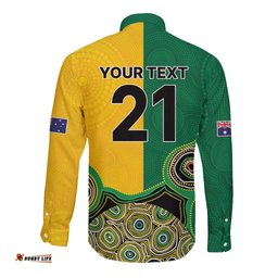 Custom Australia Cricket Spirit 2026 Long Sleeve Button Shirt World T20 Edition - Aussie Color Aboriginal Motif LT9
