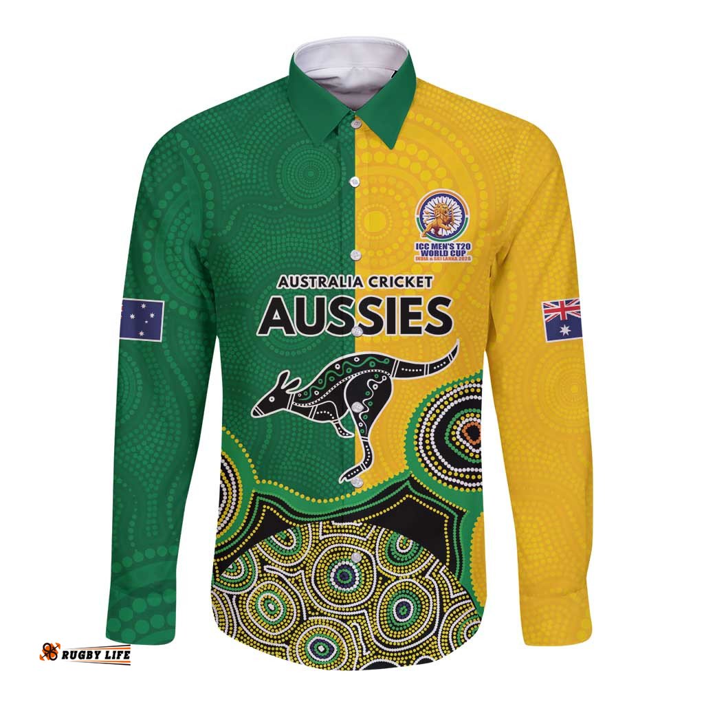 Custom Australia Cricket Spirit 2026 Long Sleeve Button Shirt World T20 Edition - Aussie Color Aboriginal Motif LT9
