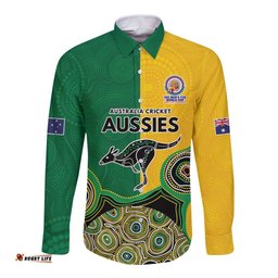 Custom Australia Cricket Spirit 2026 Long Sleeve Button Shirt World T20 Edition - Aussie Color Aboriginal Motif LT9
