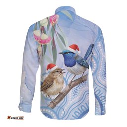 Australia Superb Fairywren Christmas Long Sleeve Button Shirt Aboriginal Eucalyptus Blossoms Watercolor LT14