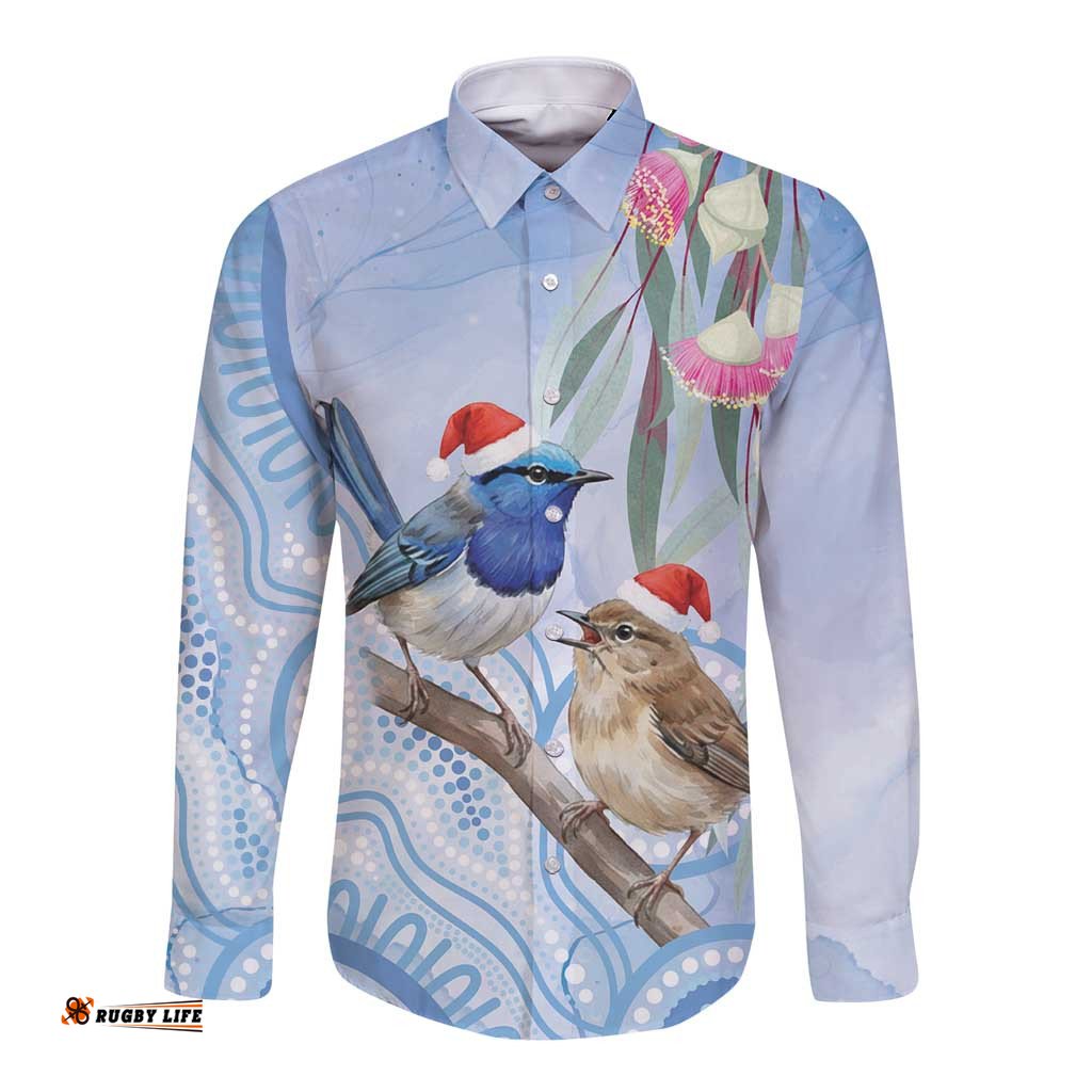 Australia Superb Fairywren Christmas Long Sleeve Button Shirt Aboriginal Eucalyptus Blossoms Watercolor LT14