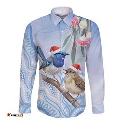 Australia Superb Fairywren Christmas Long Sleeve Button Shirt Aboriginal Eucalyptus Blossoms Watercolor LT14