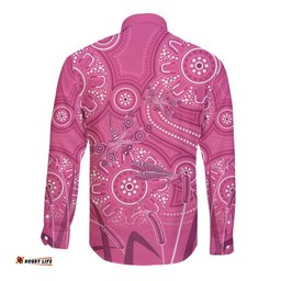 Australia Indigenous Pink Month Long Sleeve Button Shirt Breast Cancer Aboriginal Dragonflies Ribbon LT14