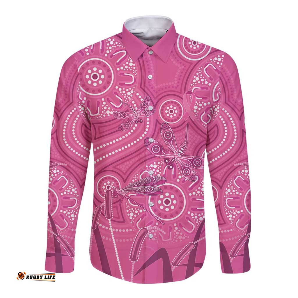 Australia Indigenous Pink Month Long Sleeve Button Shirt Breast Cancer Aboriginal Dragonflies Ribbon LT14