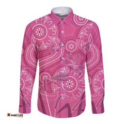Australia Indigenous Pink Month Long Sleeve Button Shirt Breast Cancer Aboriginal Dragonflies Ribbon LT14