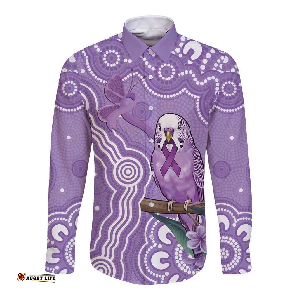 Australia Epilepsy Awareness Long Sleeve Button Shirt Purple Budgerigar Plumeria Aboriginal LT14