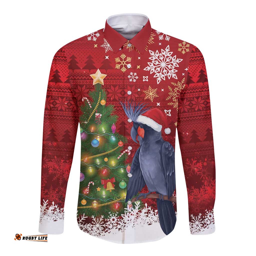 Australia Palm Cockatoo Christmas Long Sleeve Button Shirt Goliath Cockatoo Santa Merry Chrissie LT14