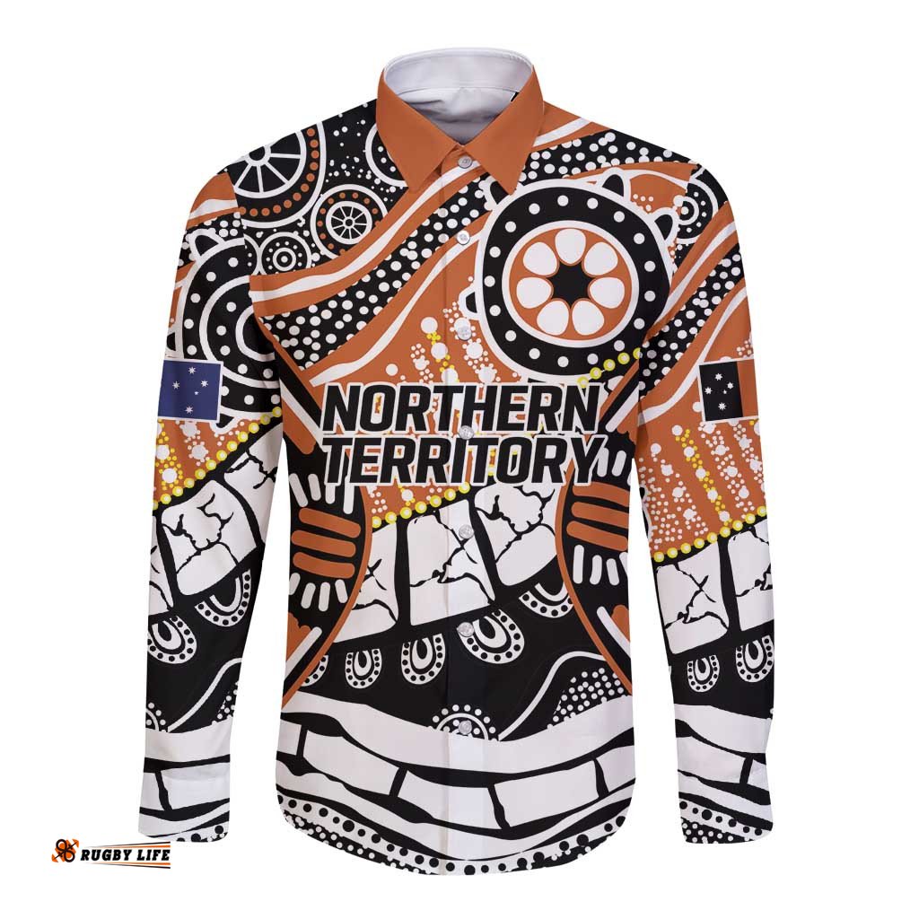 Australian Northern Territory Long Sleeve Button Shirt Aboriginal with Sturt's Desert Rose LT9