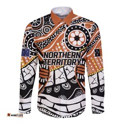 Australian Northern Territory Long Sleeve Button Shirt Aboriginal with Sturt's Desert Rose LT9