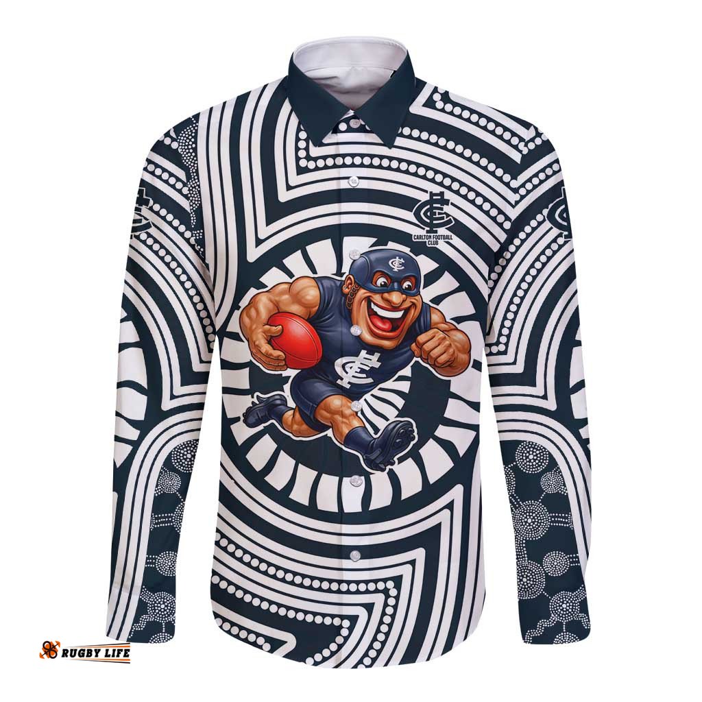 Carlton Football Club Long Sleeve Button Shirt Indigenous Monochrome Dot Art Mascot Style TS04
