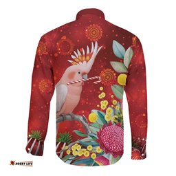 Australia Pink Cockatoo Christmas Long Sleeve Button Shirt Aussie Native Flowers Merry Xmas - Red LT14