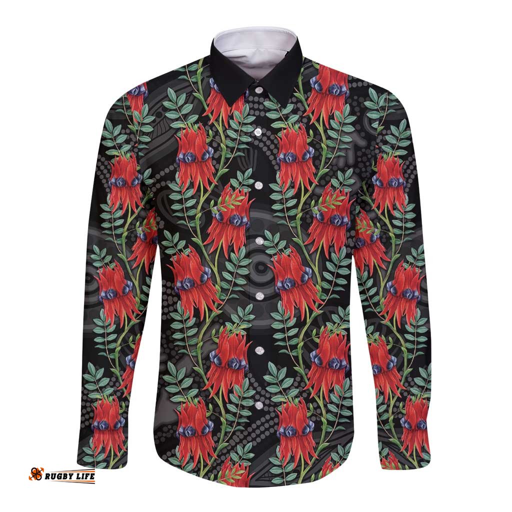 Australia Sturt's Desert Pea Long Sleeve Button Shirt Aussie Native Flowers Indigenous Art LT14