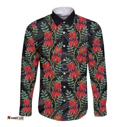 Australia Sturt's Desert Pea Long Sleeve Button Shirt Aussie Native Flowers Indigenous Art LT14