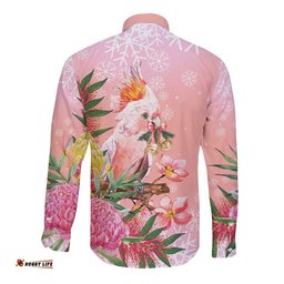 Australia Christmas Pink Cockatoo with Banksia Long Sleeve Button Shirt Coral Pink LT7