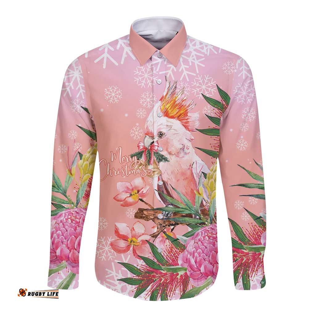 Australia Christmas Pink Cockatoo with Banksia Long Sleeve Button Shirt Coral Pink LT7