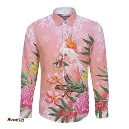 Australia Christmas Pink Cockatoo with Banksia Long Sleeve Button Shirt Coral Pink LT7