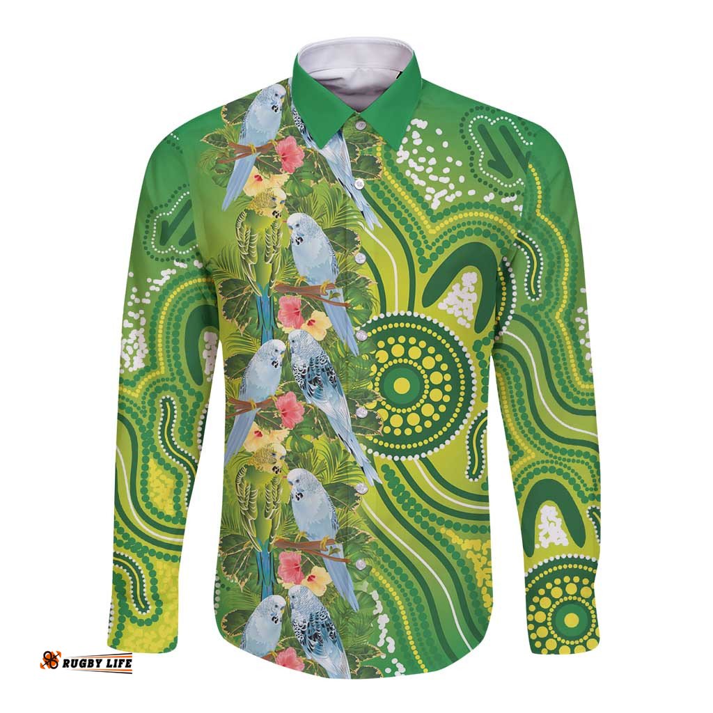 Budgerigar Australia Long Sleeve Button Shirt Aussie Common Parakeet Indigenous Art LT14