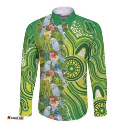 Budgerigar Australia Long Sleeve Button Shirt Aussie Common Parakeet Indigenous Art LT14