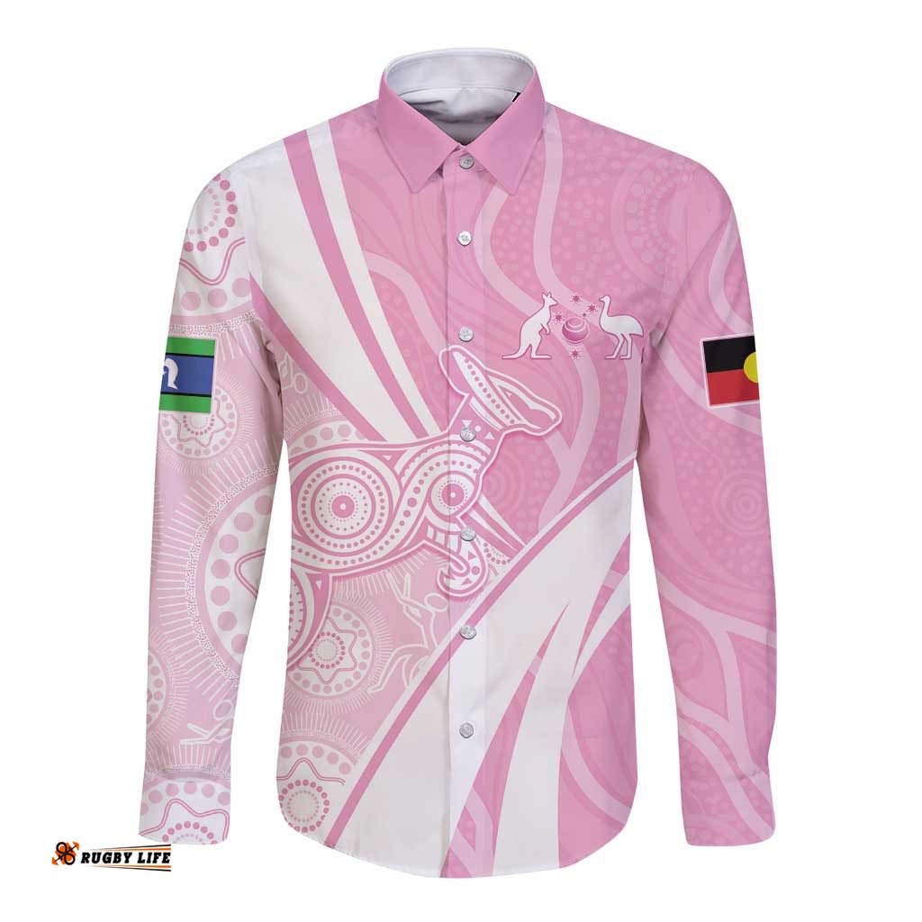 Australia Bowls Personalised Indigenous Pink Round Long Sleeve Button Shirt LT7