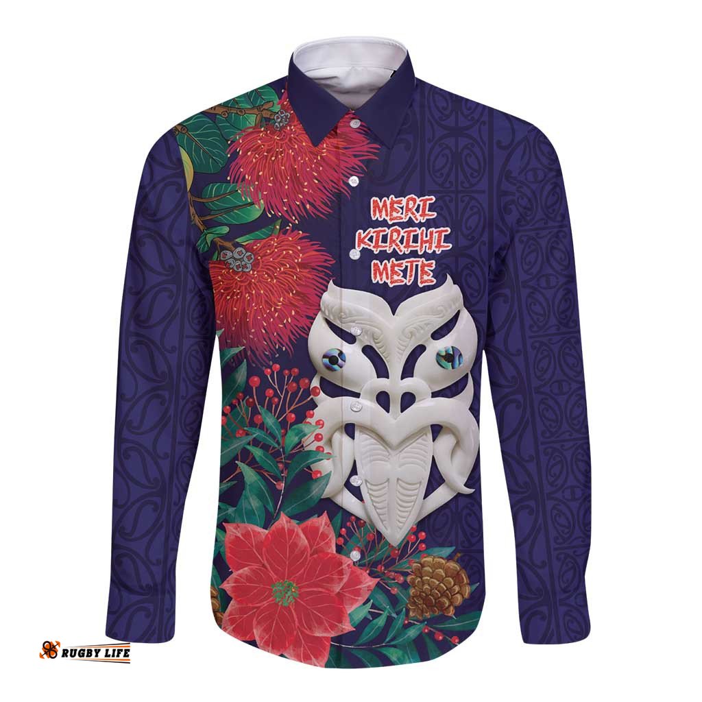 Maori Wheku Meri Kirihimete Personalised Long Sleeve Button Shirt All Blue Indigenous Maori Motif LT9