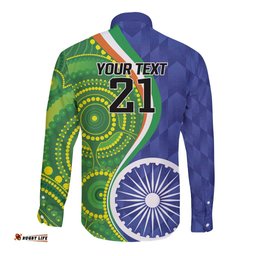 India Vs Australian Cricket Custom Long Sleeve Button Shirt Ashoka Chakra and Aboriginal Together LT9