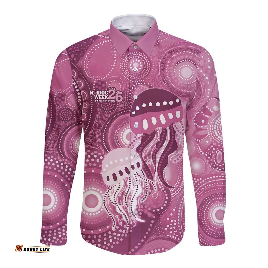 NAIDOC Deadly 50 Years Long Sleeve Button Shirt Jellyfish Aboriginal Culture Inspired Pink LT9