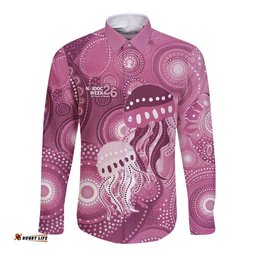 NAIDOC Deadly 50 Years Long Sleeve Button Shirt Jellyfish Aboriginal Culture Inspired Pink LT9