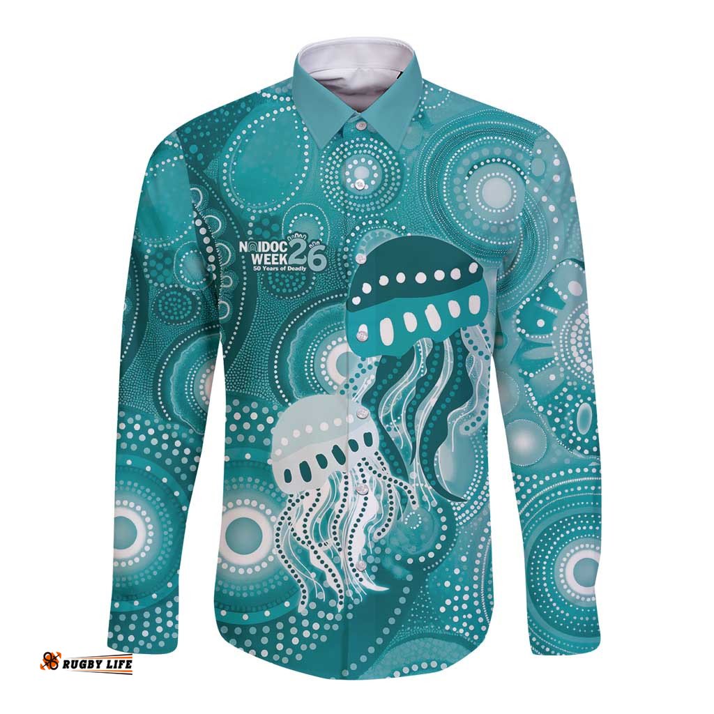 NAIDOC Deadly 50 Years Long Sleeve Button Shirt Jellyfish Aboriginal Culture Inspired Turquoise LT9