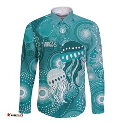 NAIDOC Deadly 50 Years Long Sleeve Button Shirt Jellyfish Aboriginal Culture Inspired Turquoise LT9