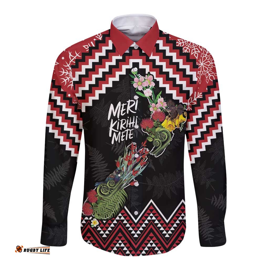 New Zealand Christmas Taniko Poutama Long Sleeve Button Shirt Flora Map with Birds LT7