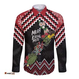 New Zealand Christmas Taniko Poutama Long Sleeve Button Shirt Flora Map with Birds LT7