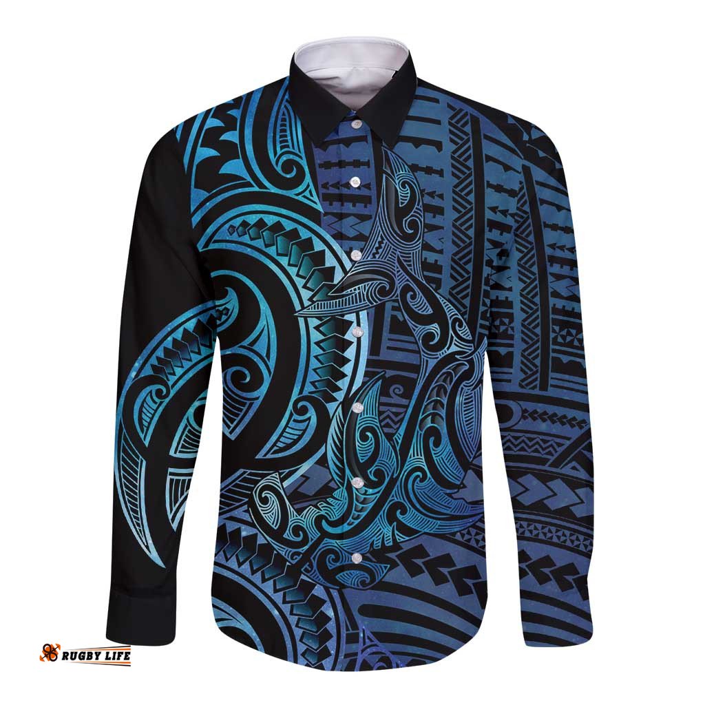 New Zealand Hammerhead Shark Long Sleeve Button Shirt Maori Haehae Mangopare Galaxy LT14