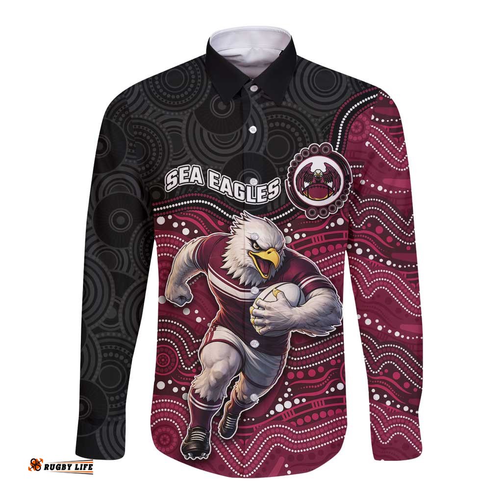 Custom Sea Eagles Long Sleeve Button Shirt Bird Mascot With Aboriginal Indigenous DT05