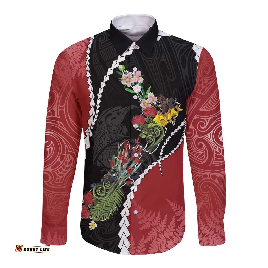 New Zealand Christmas Long Sleeve Button Shirt Flora Map with Birds LT7