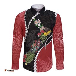 New Zealand Christmas Long Sleeve Button Shirt Flora Map with Birds LT7