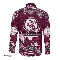 Manly Warringah Sea Eagles Long Sleeve Button Shirt Aboriginal Dot Pattern - Rugby Mascot Heritage Pride TS04