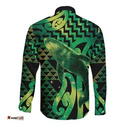 Humpback Whale Matariki New Zealand Long Sleeve Button Shirt NZ Maori Paikea Poutama Luxury Green LT14