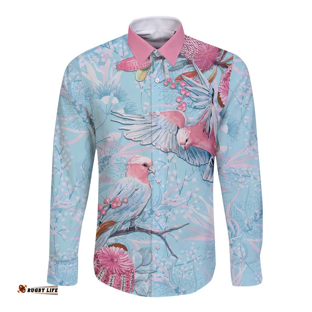 Galah Birds Australia Baby Blue & Pink Long Sleeve Button Shirt LT7