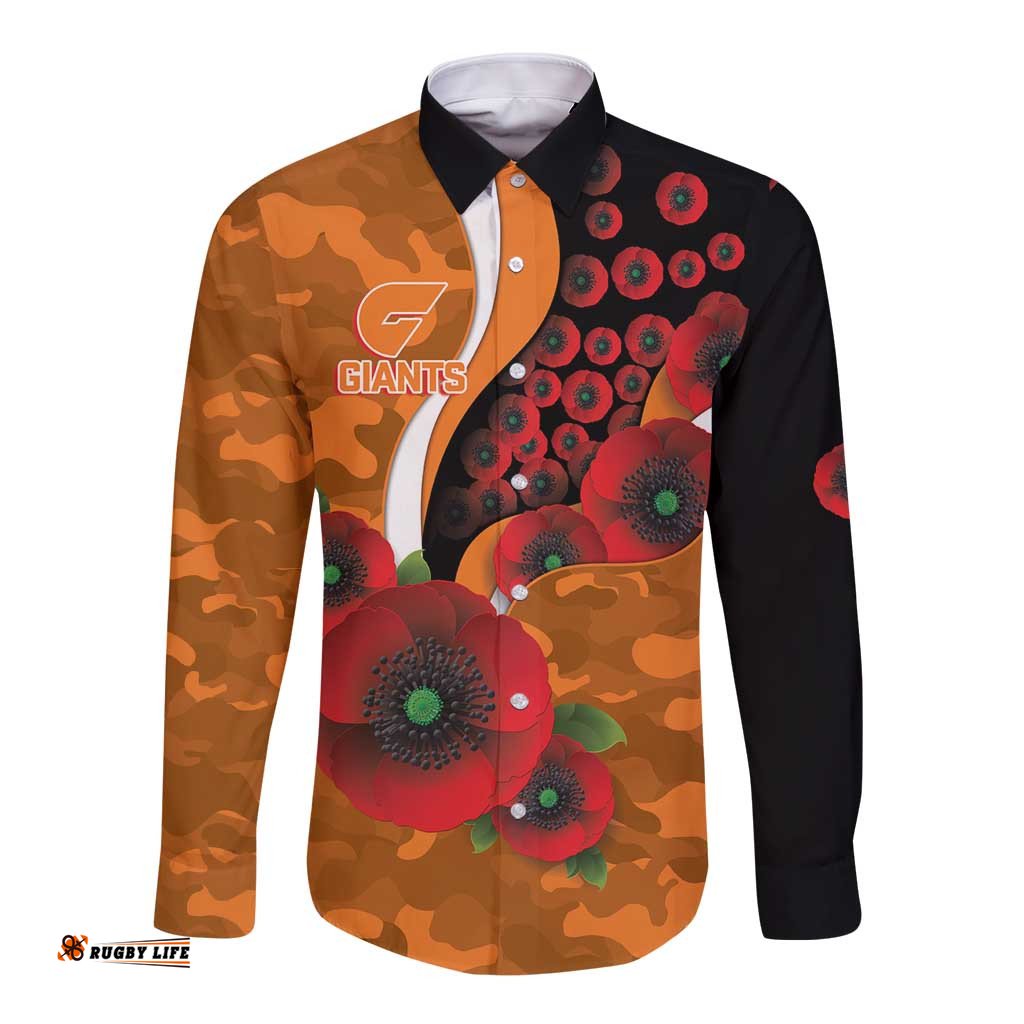 Greater Giants ANZAC Personalised Long Sleeve Button Shirt Lest We Forget Poppy Camo LT9