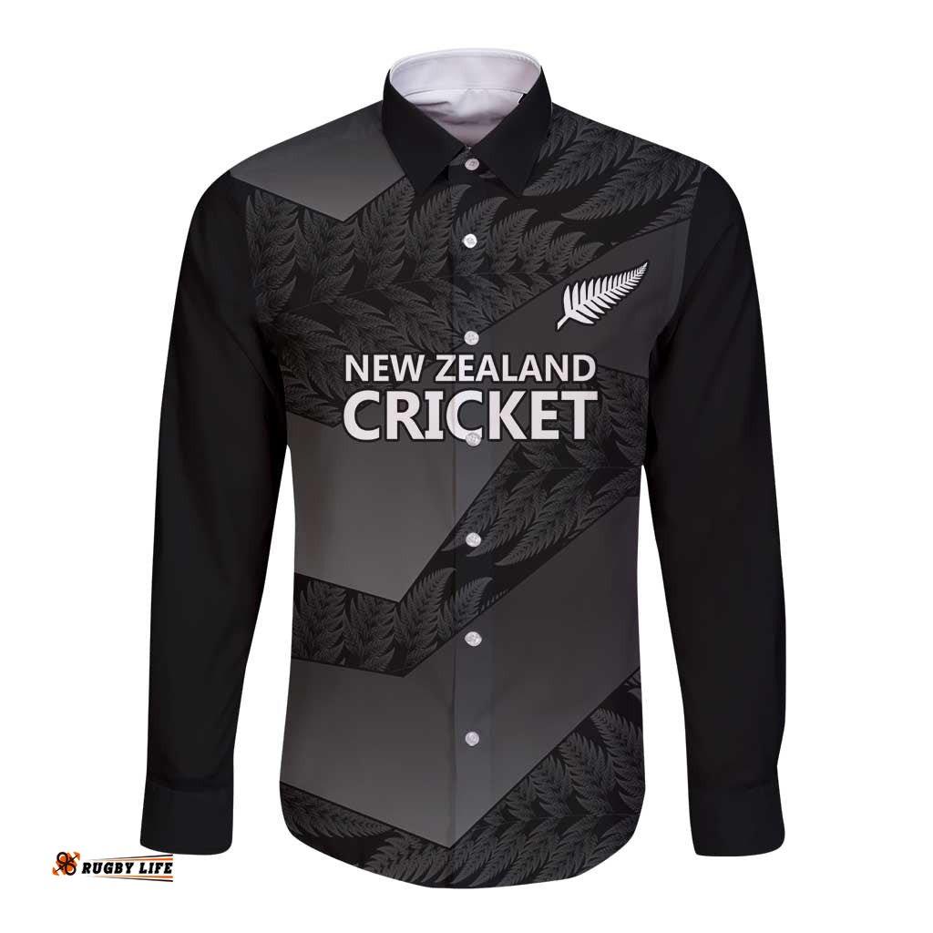 New Zealand Cricket Custom Long Sleeve Button Shirt Potae Pango Black Fern Pattern LT9