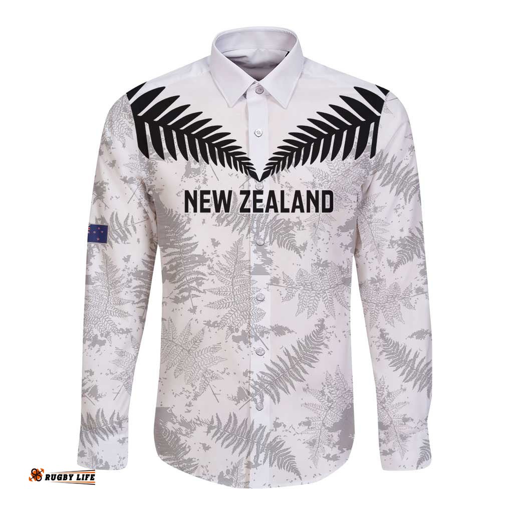 Custom New Zealand Silver Fern Football Long Sleeve Button Shirt Go Aotearoa Grunge White LT14
