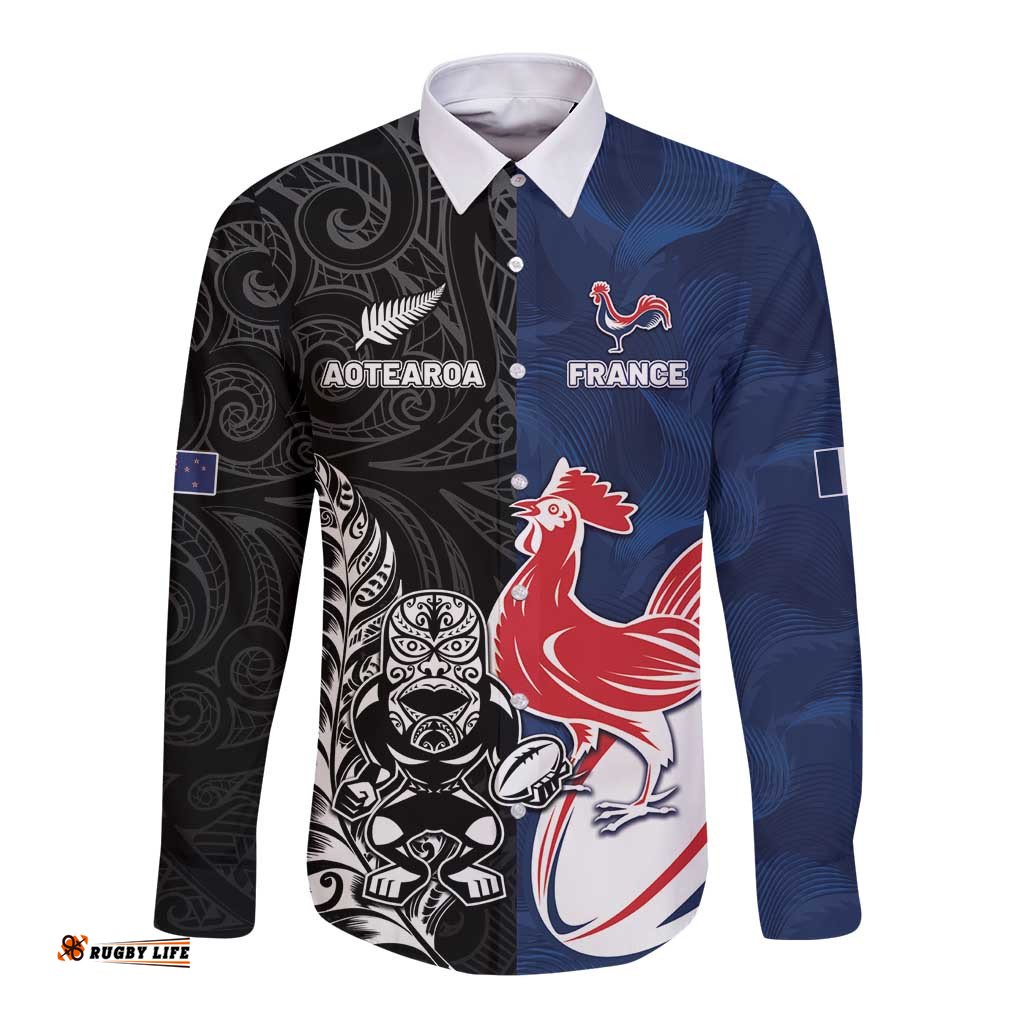 France And New Zealand Rugby Custom Long Sleeve Button Shirt Les Bleus Rooster With Maori Tiki LT05