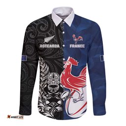 France And New Zealand Rugby Custom Long Sleeve Button Shirt Les Bleus Rooster With Maori Tiki LT05