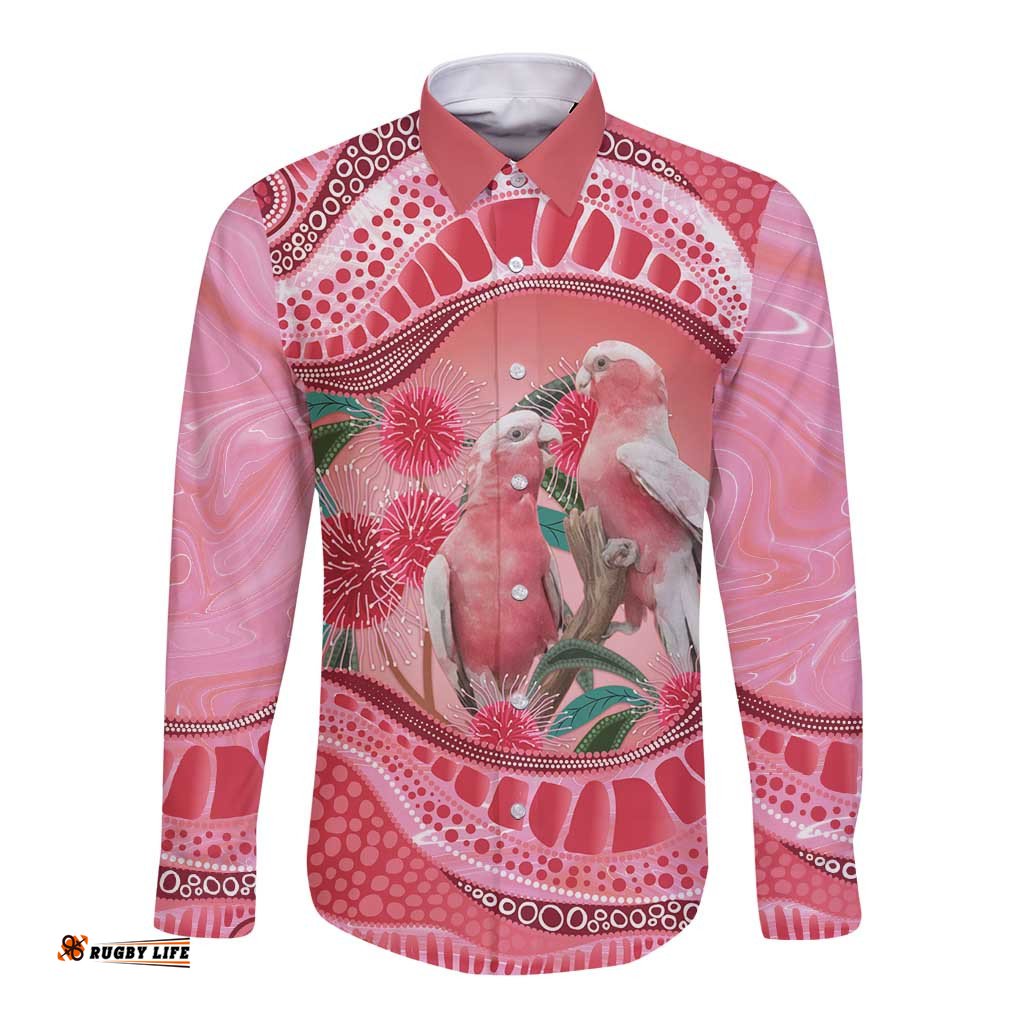 Indigenous Pink Galah Australia Long Sleeve Button Shirt Australian Hakea Aboriginal Art Proud LT14