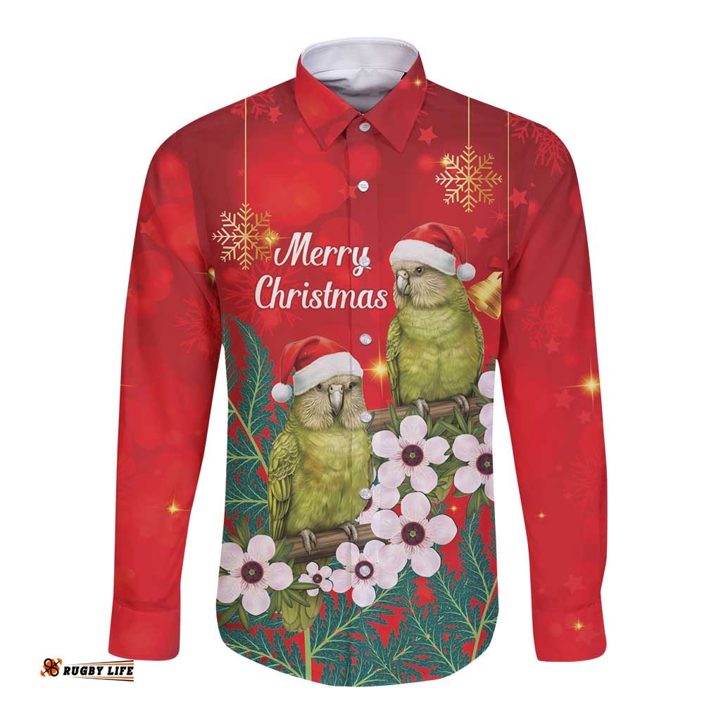 New Zealand Kakapo Christmas Long Sleeve Button Shirt Owl Parrot Santa Sliver Fern Manuka - Red LT14