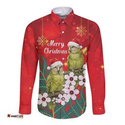 New Zealand Kakapo Christmas Long Sleeve Button Shirt Owl Parrot Santa Sliver Fern Manuka - Red LT14