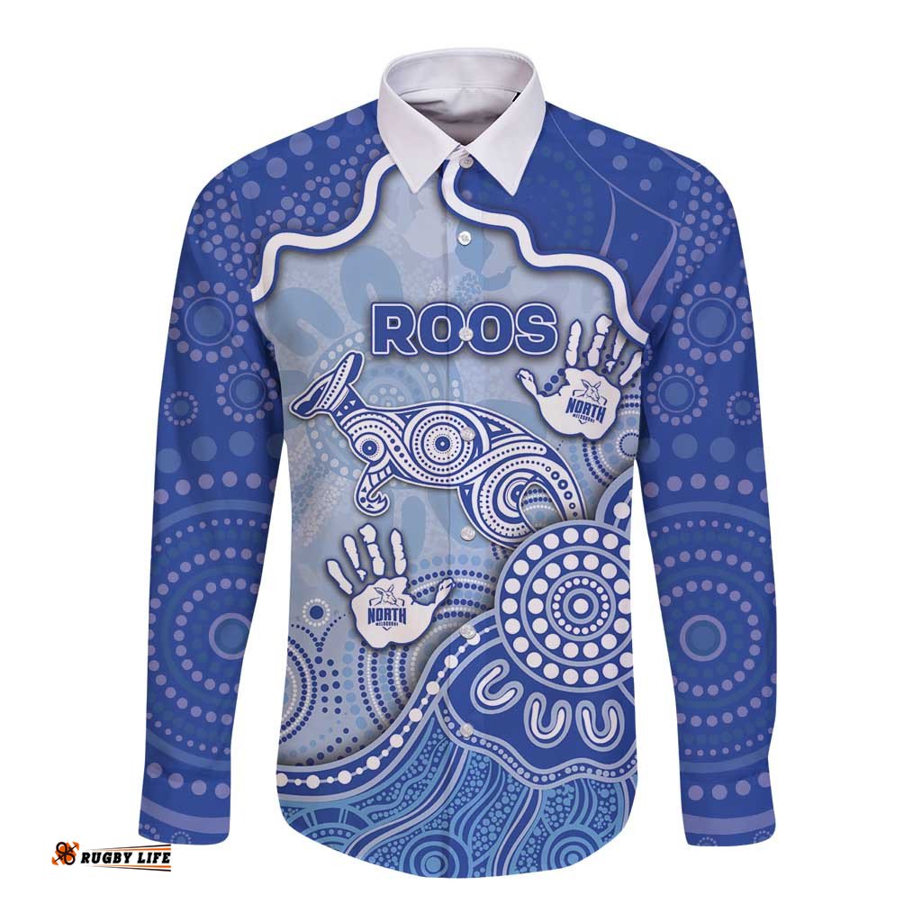 Custom Roos Football Long Sleeve Button Shirt Aboriginal Dot Art Pattern DT05